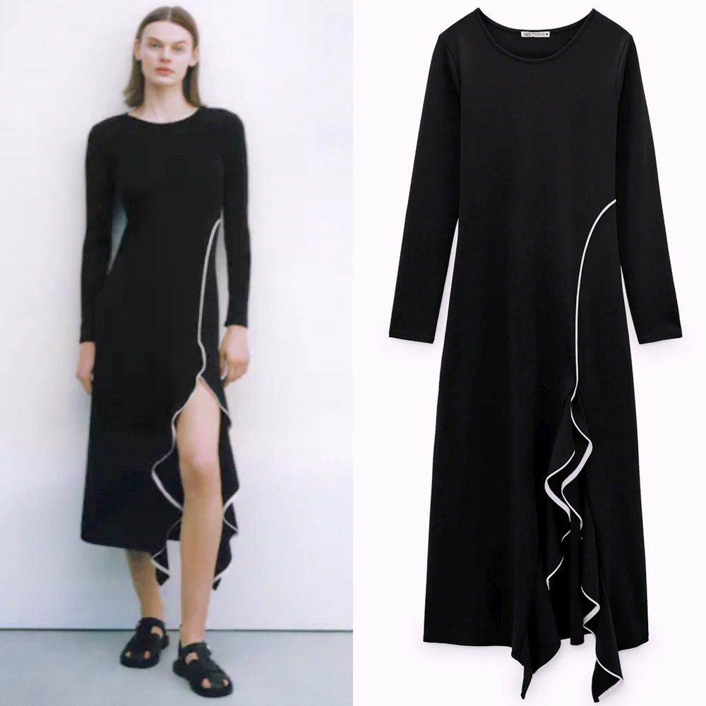 Zara RUFFLED FRONT SLIT MIDI DRESS Long Sleeve NEW